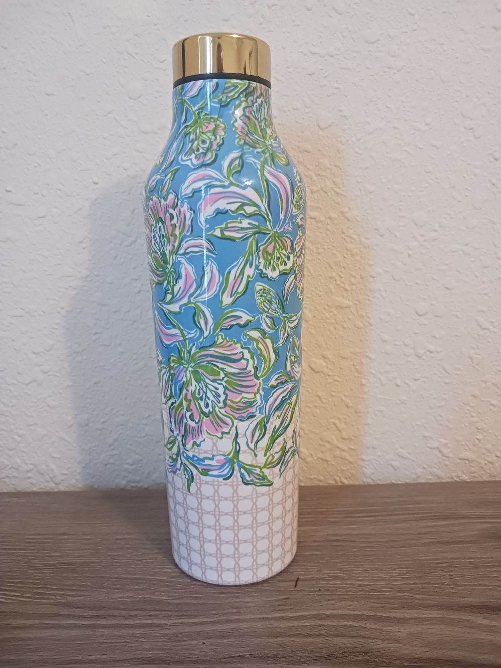 Lilly Pulitzer Blue Floral Insulated Bottle with Gold Cap